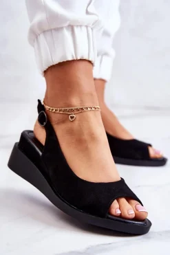 Hot Buty damskie Vinceza Damskie Zamszowe Sandały Na Sprzączkę Czarne Camille