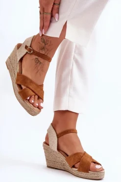 Discount Boto Damskie Zamszowe Sandały Na Plecionym Koturnie Camel Tessa