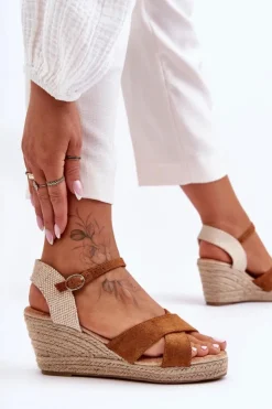 Discount Boto Damskie Zamszowe Sandały Na Plecionym Koturnie Camel Tessa