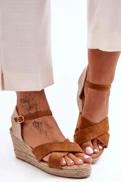 Discount Boto Damskie Zamszowe Sandały Na Plecionym Koturnie Camel Tessa