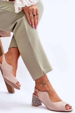 Damskie Maciejka Damskie Zamszowe Sandały Na Słupku 05870-04 Beżowe