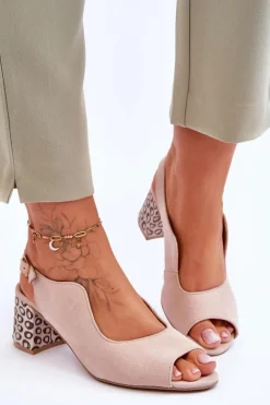 Damskie Maciejka Damskie Zamszowe Sandały Na Słupku 05870-04 Beżowe