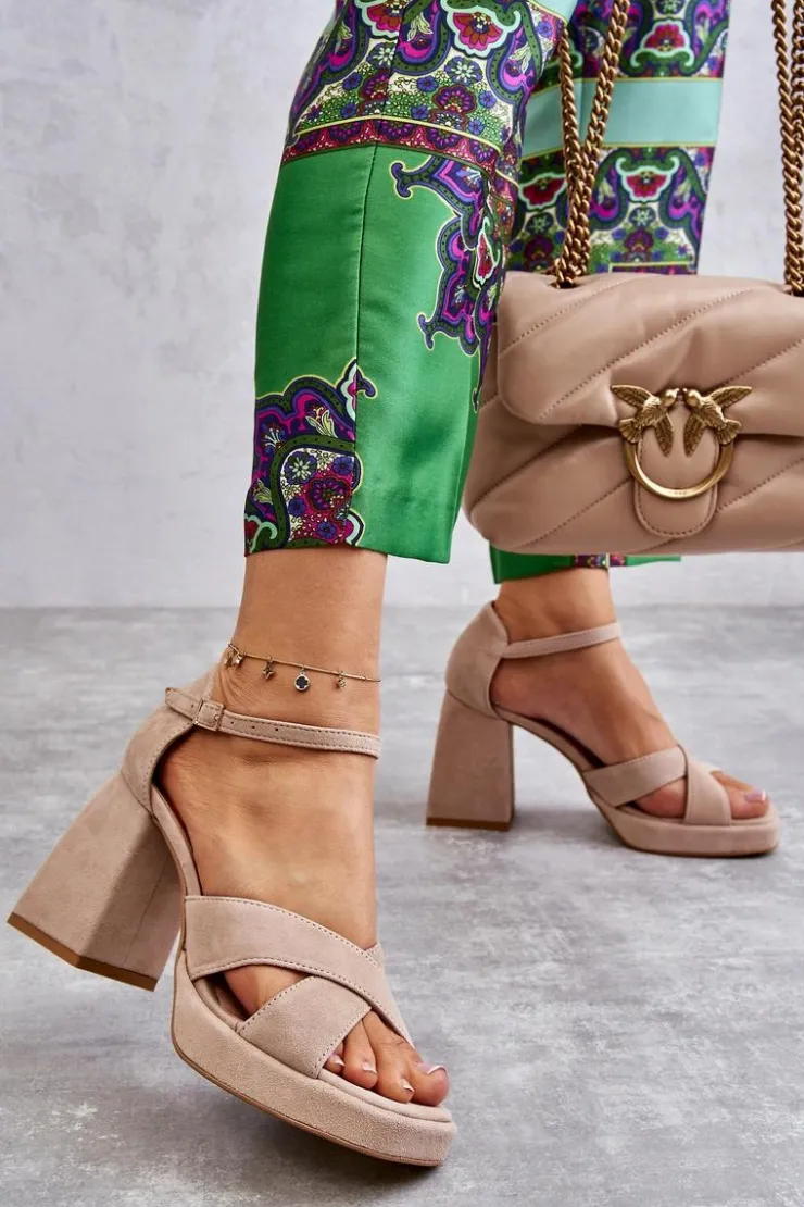 Boto Damskie Zamszowe Sandały Na Obcasie Lewski Shoes 3221 Beżowe