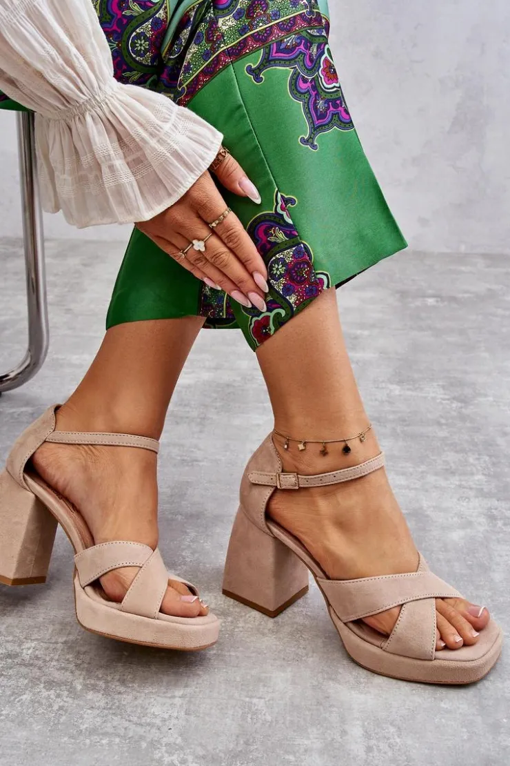 Boto Damskie Zamszowe Sandały Na Obcasie Lewski Shoes 3221 Beżowe