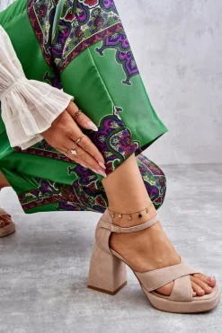 Boto Damskie Zamszowe Sandały Na Obcasie Lewski Shoes 3221 Beżowe