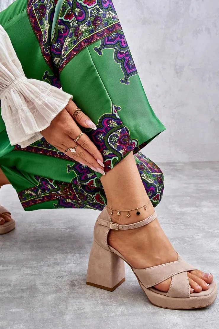 Boto Damskie Zamszowe Sandały Na Obcasie Lewski Shoes 3221 Beżowe