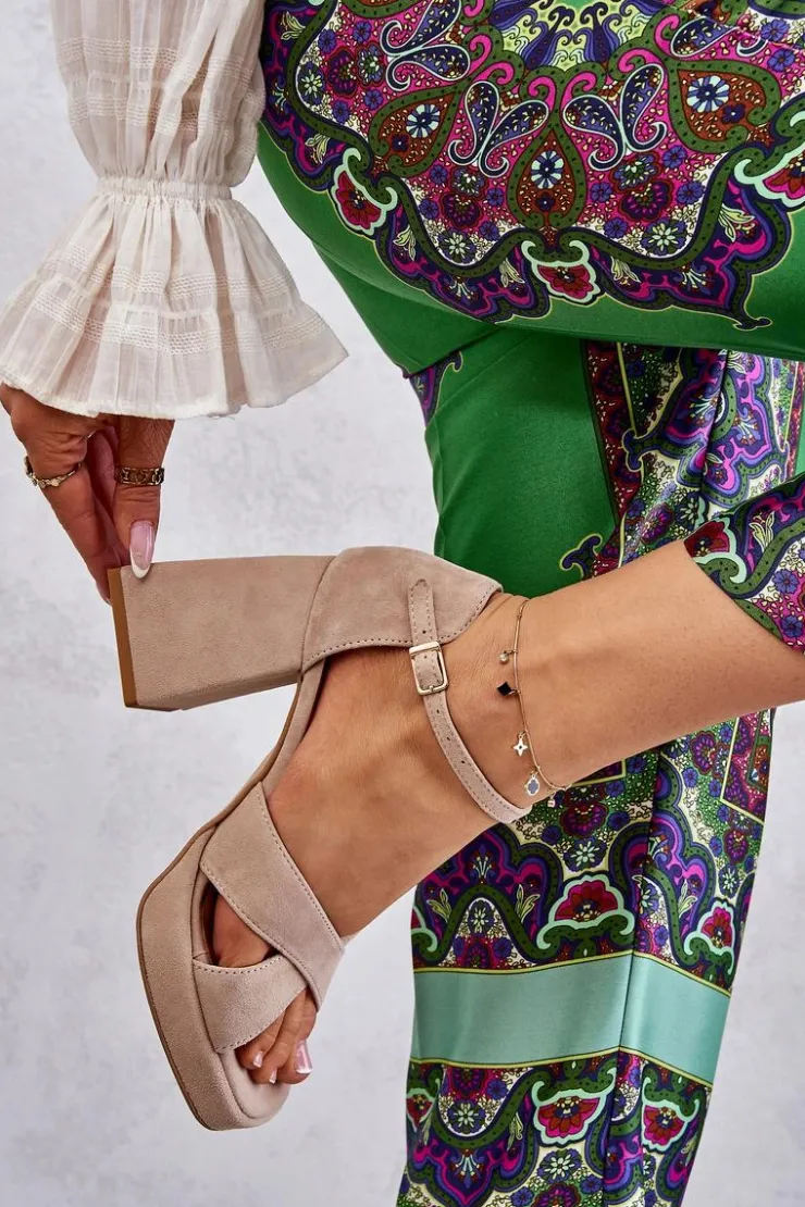 Boto Damskie Zamszowe Sandały Na Obcasie Lewski Shoes 3221 Beżowe