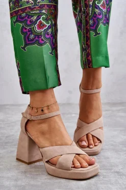 Boto Damskie Zamszowe Sandały Na Obcasie Lewski Shoes 3221 Beżowe