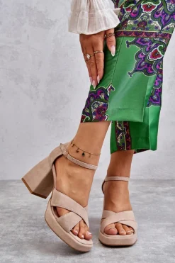Boto Damskie Zamszowe Sandały Na Obcasie Lewski Shoes 3221 Beżowe