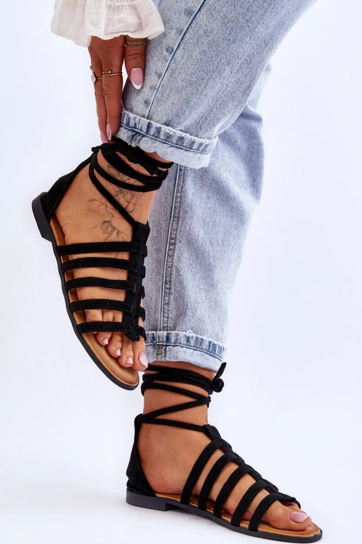 Sale Boto Damskie Zamszowe Sandały Rzymianki Czarne Sempre