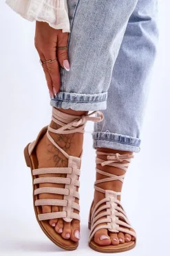 Boto Sandały Płaskie*Damskie Zamszowe Sandały Rzymianki Beżowe Sempre