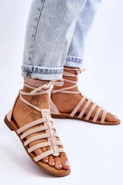 Boto Sandały Płaskie*Damskie Zamszowe Sandały Rzymianki Beżowe Sempre