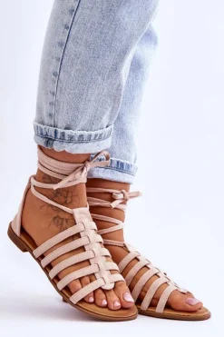 Boto Sandały Płaskie*Damskie Zamszowe Sandały Rzymianki Beżowe Sempre