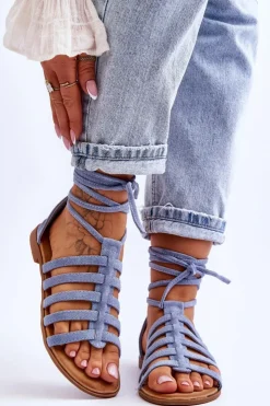 Boto Sandały Płaskie*Damskie Zamszowe Sandały Rzymianki Niebieskie Sempre