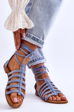 Boto Sandały Płaskie*Damskie Zamszowe Sandały Rzymianki Niebieskie Sempre