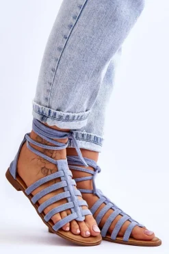 Boto Sandały Płaskie*Damskie Zamszowe Sandały Rzymianki Niebieskie Sempre