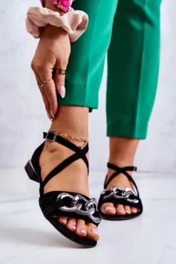 Damskie Laura Messi Damskie Zamszowe Sandały Z Łańcuchem 2365 Czarne