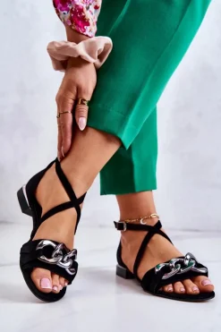 Damskie Laura Messi Damskie Zamszowe Sandały Z Łańcuchem 2365 Czarne