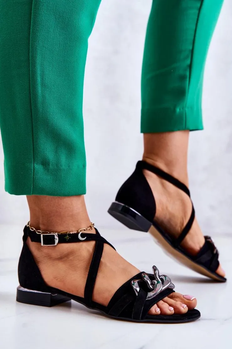 Damskie Laura Messi Damskie Zamszowe Sandały Z Łańcuchem 2365 Czarne