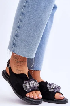 Buty damskie Vinceza Sandały Płaskie*Damskie Zamszowe Sandały Z Kamieniami Czarne Mersea