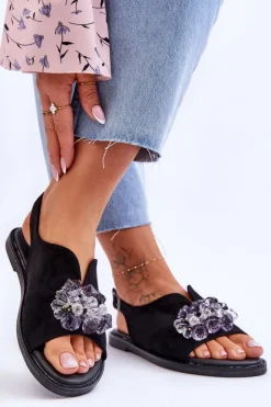 Buty damskie Vinceza Sandały Płaskie*Damskie Zamszowe Sandały Z Kamieniami Czarne Mersea