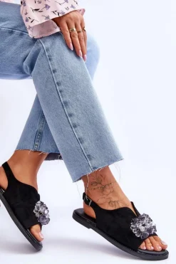 Buty damskie Vinceza Sandały Płaskie*Damskie Zamszowe Sandały Z Kamieniami Czarne Mersea