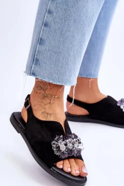 Buty damskie Vinceza Sandały Płaskie*Damskie Zamszowe Sandały Z Kamieniami Czarne Mersea