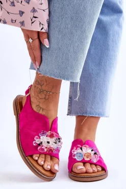 Buty damskie Vinceza Sandały Płaskie*Damskie Zamszowe Sandały Z Kamieniami Fuksja Mersea