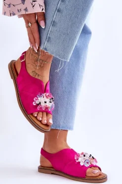 Buty damskie Vinceza Sandały Płaskie*Damskie Zamszowe Sandały Z Kamieniami Fuksja Mersea