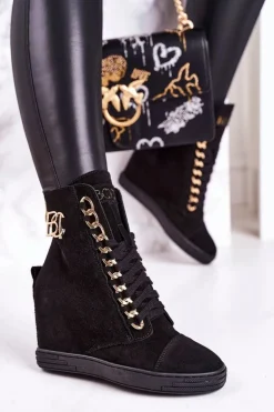 Sale Boto Damskie Zamszowe Sneakersy BOOCI 2222/066/z Złoty Łańcuch Czarne