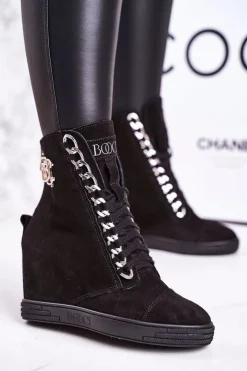 Damskie Boto Damskie Zamszowe Sneakersy BOOCI 2222/066/s Srebrny Łańcuch Czarne