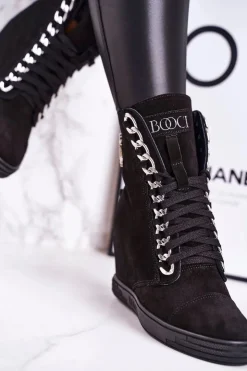 Damskie Boto Damskie Zamszowe Sneakersy BOOCI 2222/066/s Srebrny Łańcuch Czarne