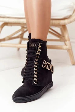 Boto Sneakersy Damskie|Botki Na Koturnie*Damskie Zamszowe Sneakersy BOOCI 2222 Złote Litery Czarne