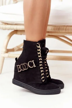 Boto Sneakersy Damskie|Botki Na Koturnie*Damskie Zamszowe Sneakersy BOOCI 2222 Złote Litery Czarne