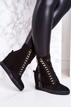Boto Sneakersy Damskie|Botki Na Koturnie*Damskie Zamszowe Sneakersy Z Tasiemką BOOCI 2222/543/z Czarne