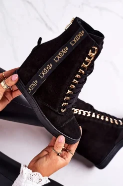 Boto Sneakersy Damskie|Botki Na Koturnie*Damskie Zamszowe Sneakersy Z Tasiemką BOOCI 2222/543/z Czarne