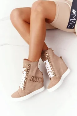 Damskie Boto Damskie Zamszowe Sneakersy BOOCI Złote Litery Jasny Camel