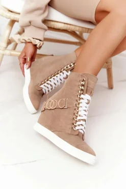 Damskie Boto Damskie Zamszowe Sneakersy BOOCI Złote Litery Jasny Camel