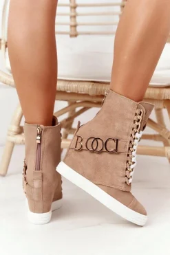 Damskie Boto Damskie Zamszowe Sneakersy BOOCI Złote Litery Jasny Camel