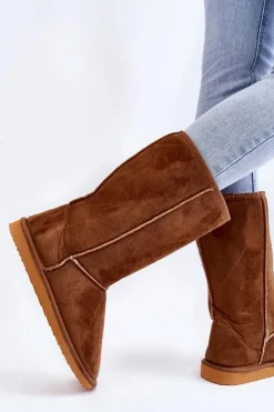 Boto Śniegowce Damskie*Damskie Zamszowe Wysokie Śniegowce Ocieplane Camel Reyma