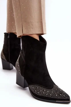 Boto Botki Ocieplane|Botki Na Słupku*Damskie Zdobione Botki Kowbojki Na Słupku Czarne Eleduana Czarny