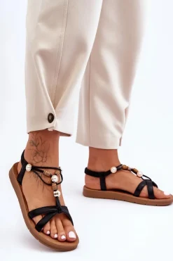 Boto Sandały Płaskie*Damskie Zdobione Błyszczące Sandały Czarne Midol