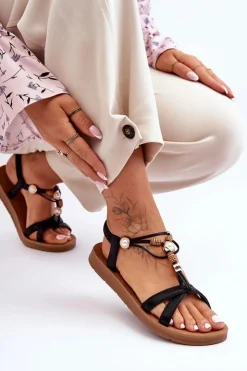 Boto Sandały Płaskie*Damskie Zdobione Błyszczące Sandały Czarne Midol