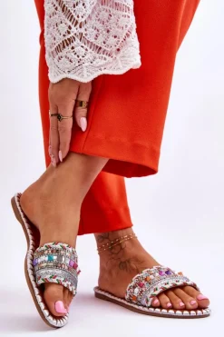 Boto Klapki Damskie Klasyczne*Damskie Zdobione Klapki Białe Bellisa