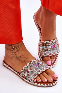 Boto Klapki Damskie Klasyczne*Damskie Zdobione Klapki Białe Bellisa