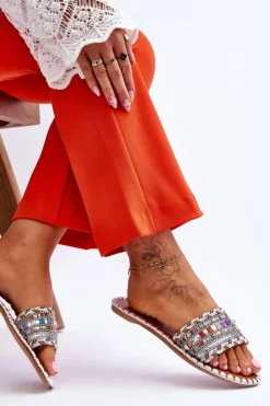 Boto Klapki Damskie Klasyczne*Damskie Zdobione Klapki Białe Bellisa