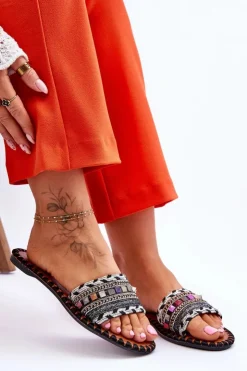 Boto Klapki Damskie Klasyczne*Damskie Zdobione Klapki Czarne Bellisa Czarny