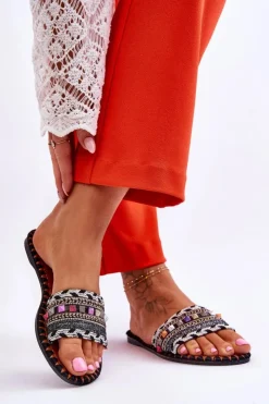 Boto Klapki Damskie Klasyczne*Damskie Zdobione Klapki Czarne Bellisa Czarny