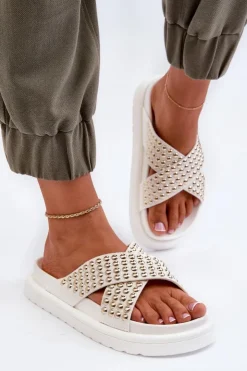 Boto Klapki Na Platformie|Klapki Damskie Klasyczne*Damskie Zdobione Klapki Na Platformie Białe Niraela