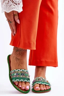 New Boto Damskie Zdobione Klapki Zielone Bellisa Zielony